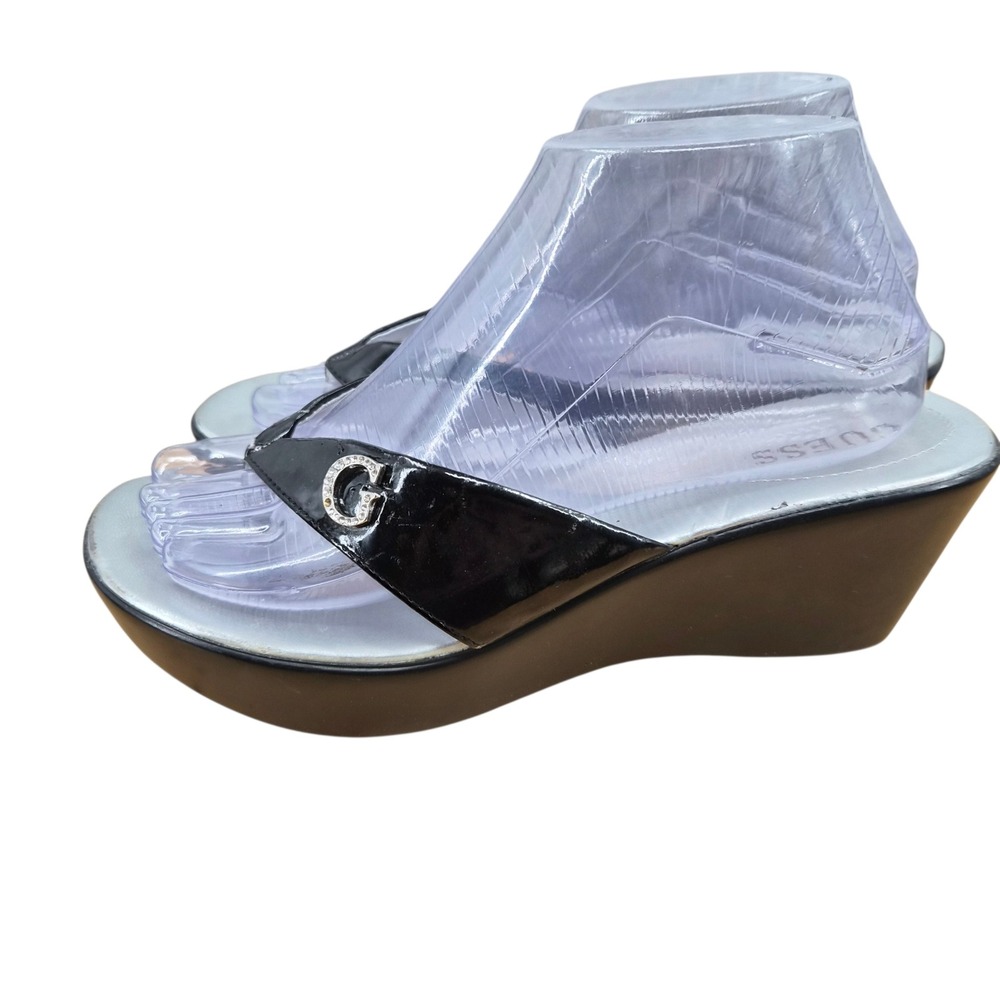 Guess Womens Black Patent Leather Wedge Flip Flops Rhinestone G Logo Size 8M